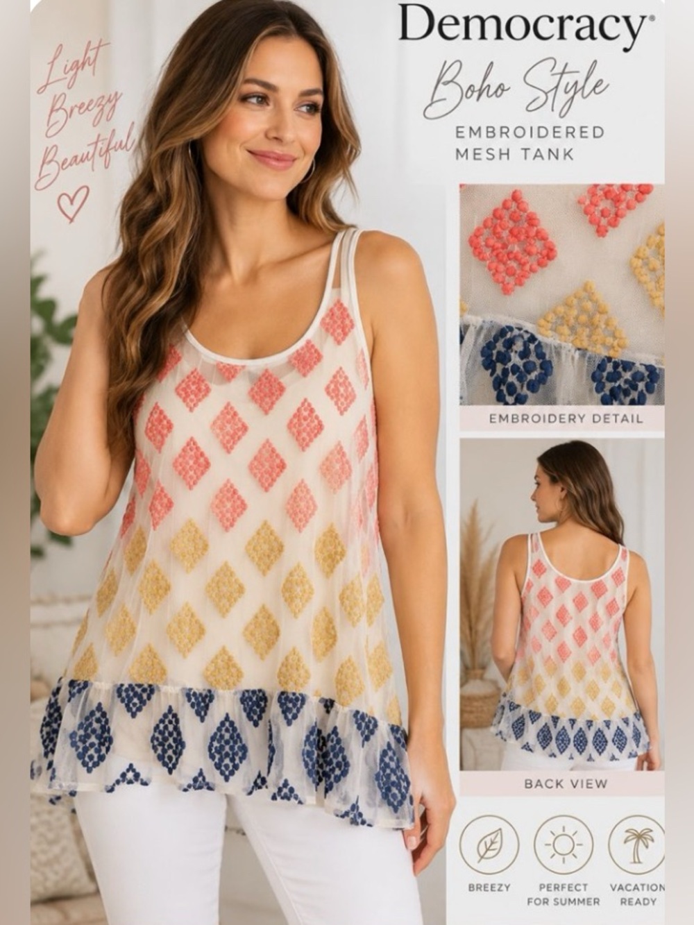 Democracy White Mesh Sleeveless Tank with Coral, Mustard & Navy Diamond Print XL